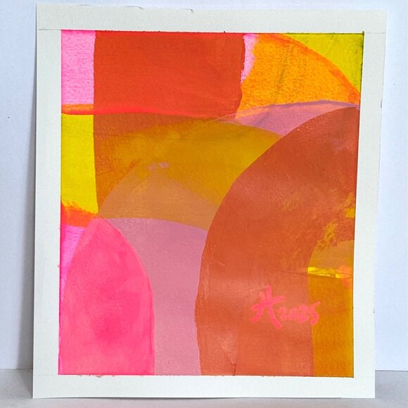 Orange Swipe 2 Original Acrylic Painting 8x8in Matted Frame Ready Squeegee Art - Picture 1 of 8